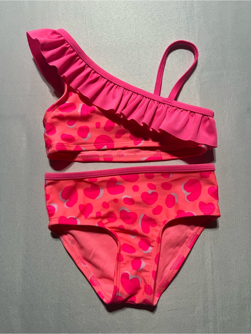 Cat & Jack Toddler Girl 2T Neon Pink Heart Print Ruffle One-Shoulder Swim Bikini